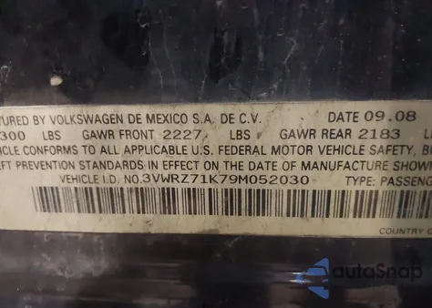 2009 Volkswagen Jetta Se/Sel z USA, uszkodzony, nr VIN 3VWRZ71K79M052030